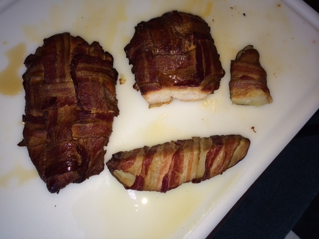 Potatoes and chicken wrapped in bacon, mmmm!